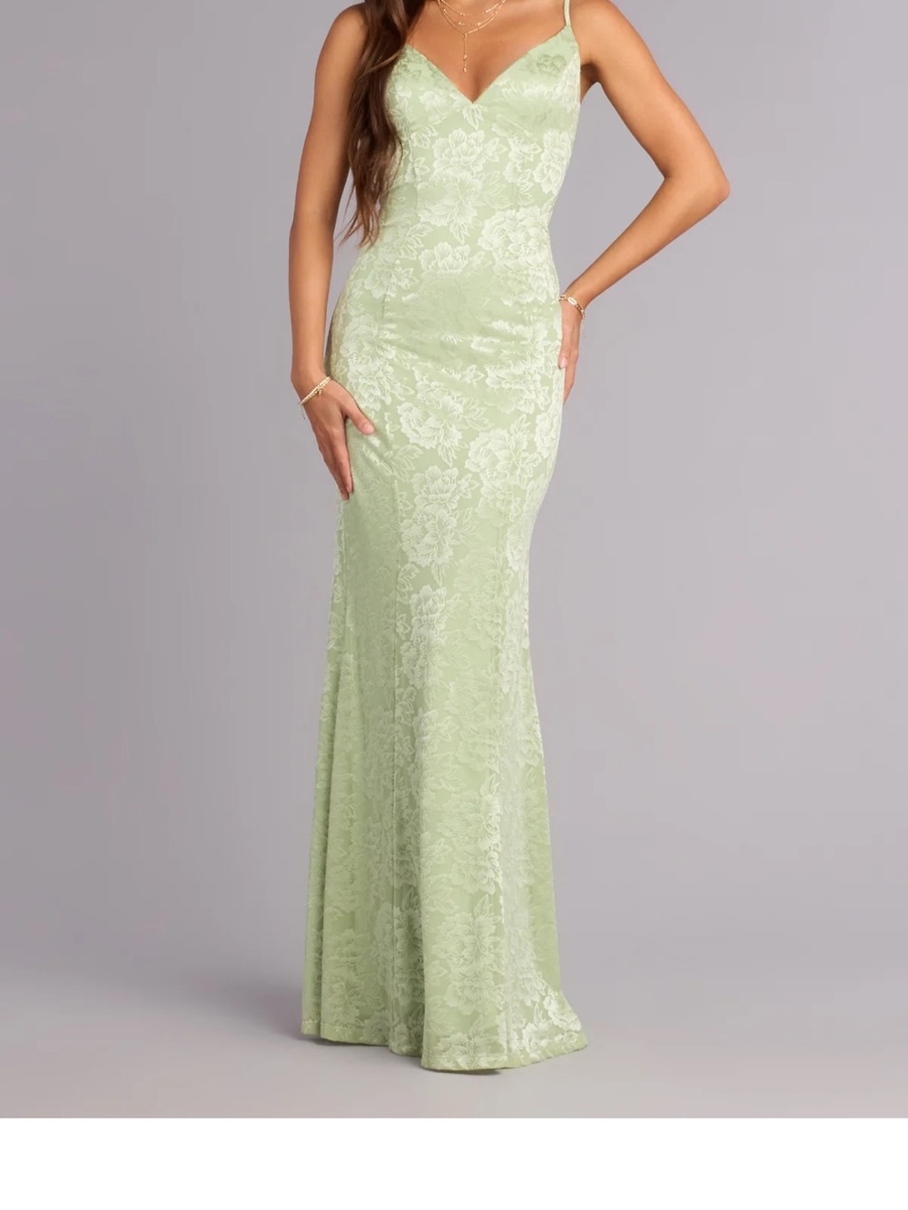 Windsor Light Green Lace V-Neck Spaghetti Strap Maxi Dress